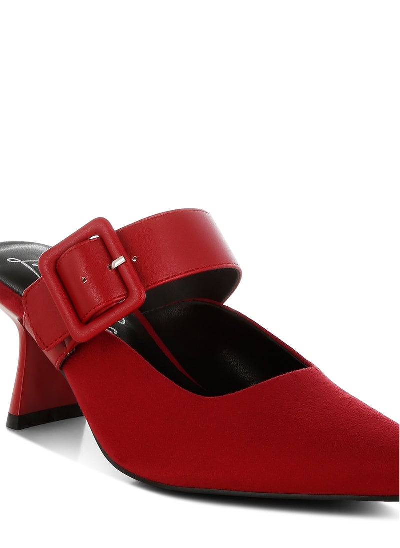 Microfiber Pointy Slip-On Mules in Red