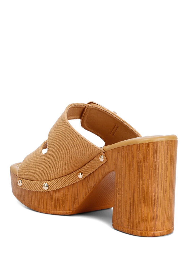 Buckle Straps High Block Heel Clogs in Tan