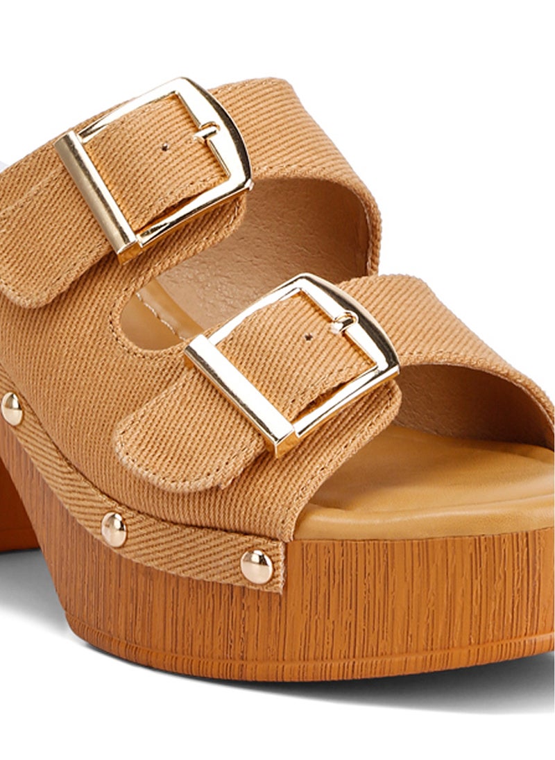 Buckle Straps High Block Heel Clogs in Tan