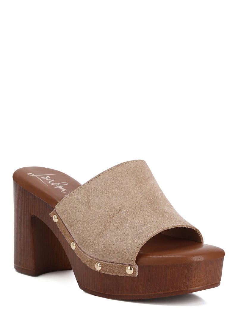 Suede High Block Heel Clogs in Tan