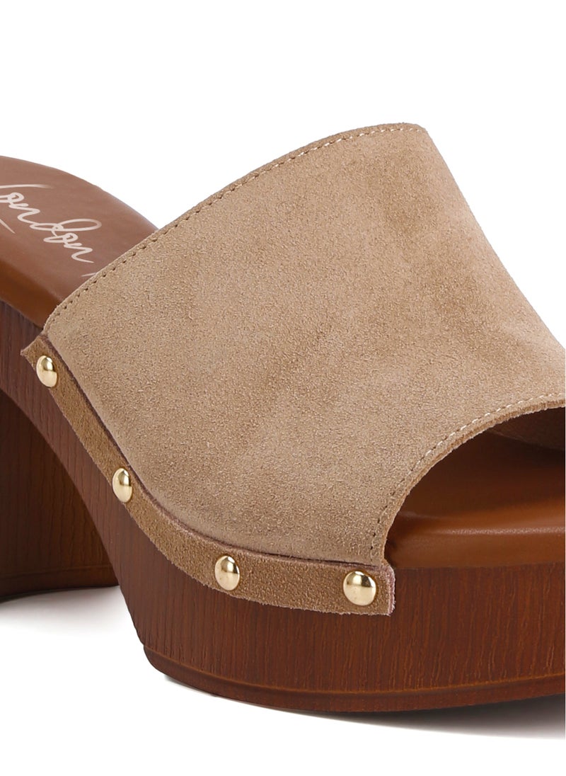 Suede High Block Heel Clogs in Tan