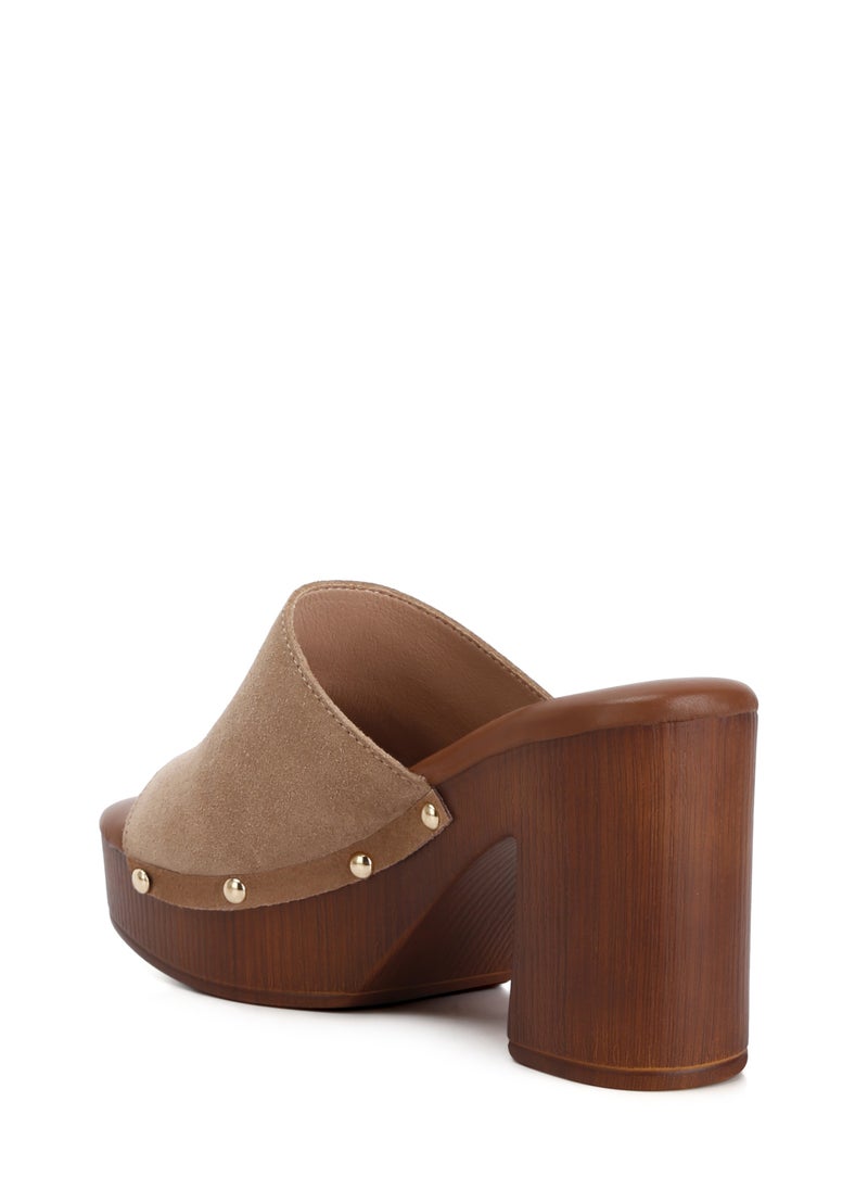 Suede High Block Heel Clogs in Tan