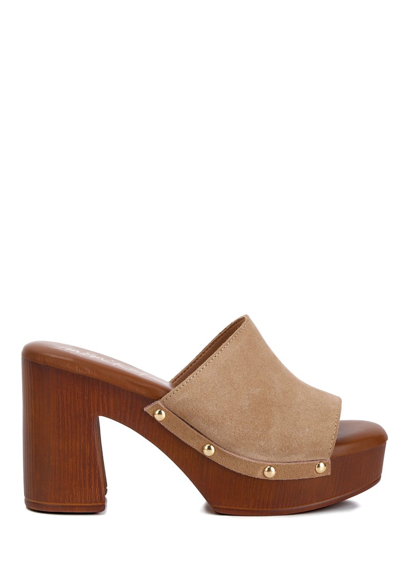 Suede High Block Heel Clogs in Tan