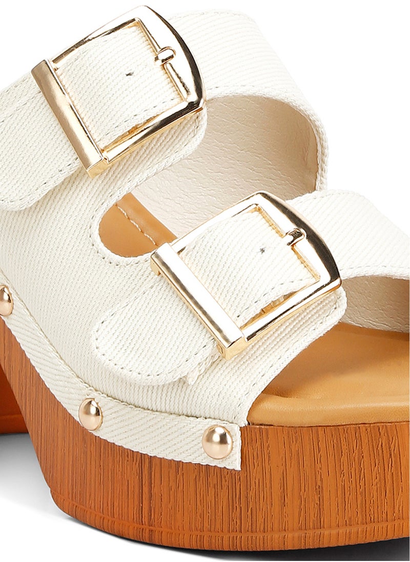 Buckle Straps High Block Heel Clogs in Beige