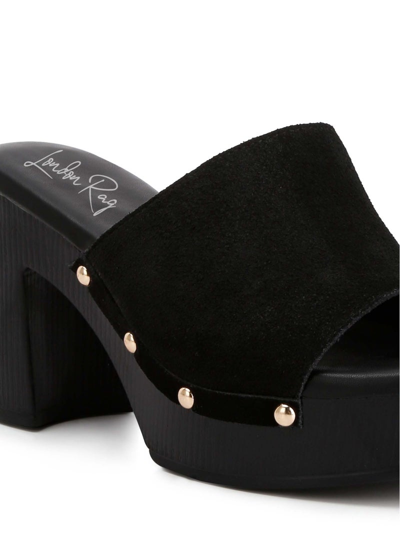 Suede High Block Heel Clogs in Black