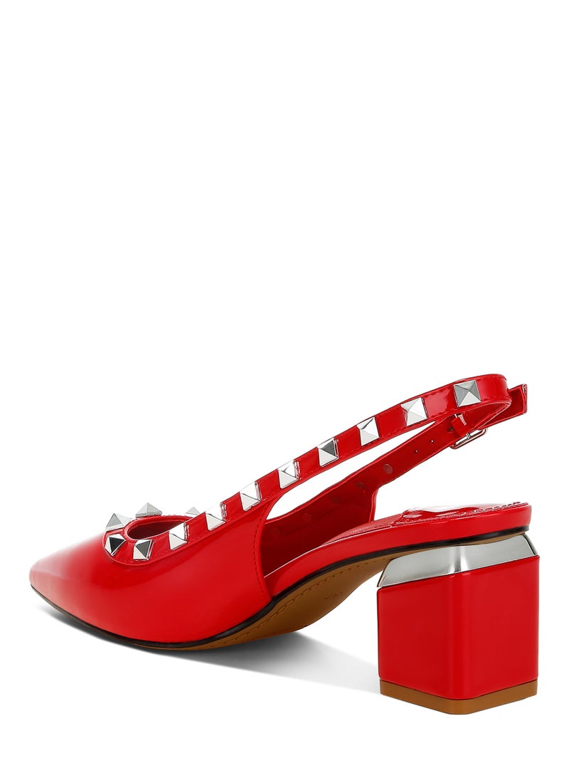 Stud Embellished Slingback Sandals in Red