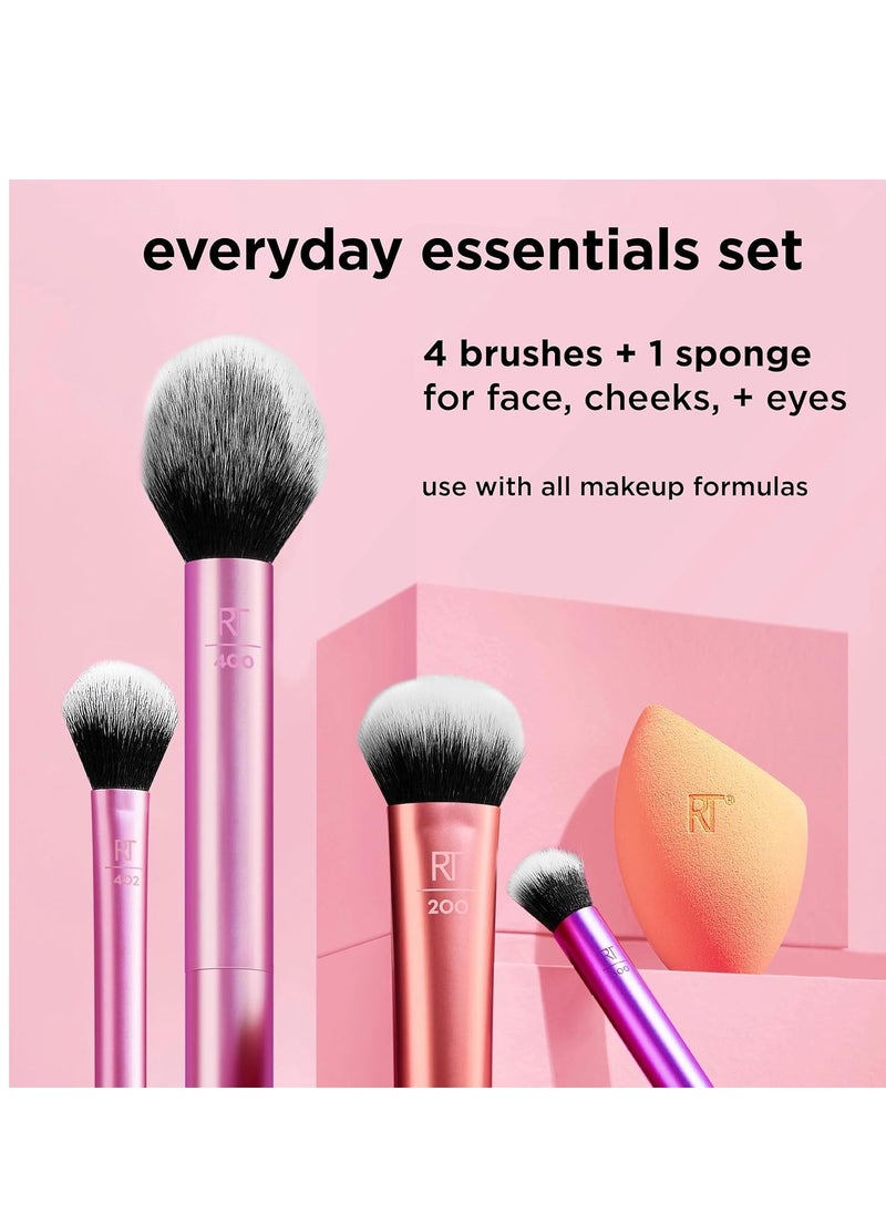 5 Piece Everyday Essentials Makeup Brush Set, 4 Brushes & Makeup Sponge, For Foundation, Blush, Contour, Eyeshadow, & Powder, Travel Gift Set, Stocking Stuffer, Cruelty-Free & Vegan