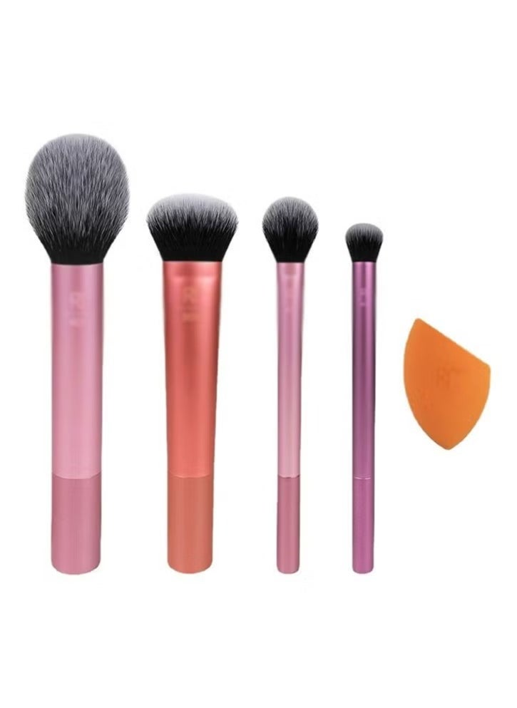 5 Piece Everyday Essentials Makeup Brush Set, 4 Brushes & Makeup Sponge, For Foundation, Blush, Contour, Eyeshadow, & Powder, Travel Gift Set, Stocking Stuffer, Cruelty-Free & Vegan