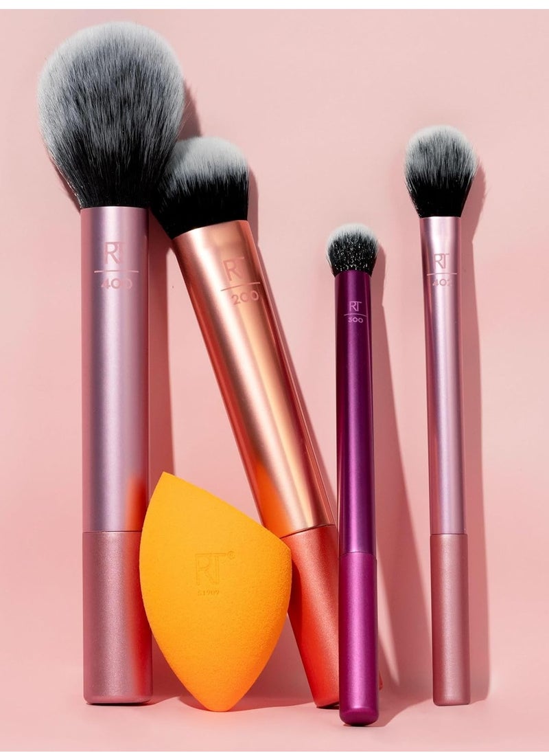 5 Piece Everyday Essentials Makeup Brush Set, 4 Brushes & Makeup Sponge, For Foundation, Blush, Contour, Eyeshadow, & Powder, Travel Gift Set, Stocking Stuffer, Cruelty-Free & Vegan