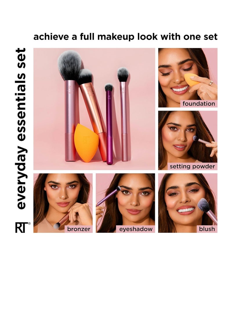 5 Piece Everyday Essentials Makeup Brush Set, 4 Brushes & Makeup Sponge, For Foundation, Blush, Contour, Eyeshadow, & Powder, Travel Gift Set, Stocking Stuffer, Cruelty-Free & Vegan