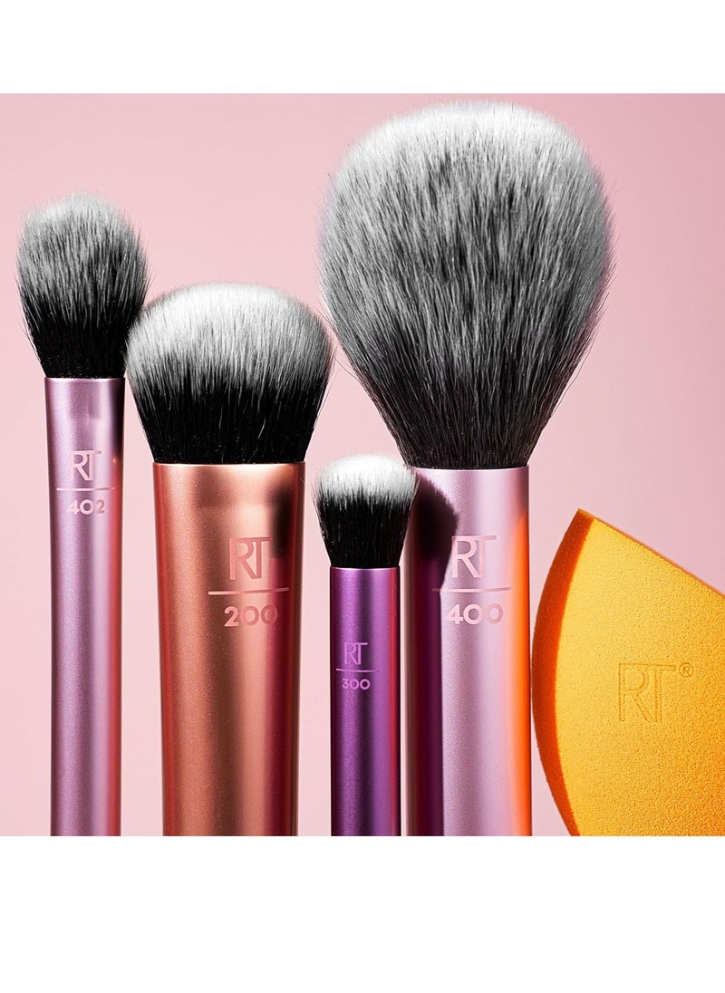 5 Piece Everyday Essentials Makeup Brush Set, 4 Brushes & Makeup Sponge, For Foundation, Blush, Contour, Eyeshadow, & Powder, Travel Gift Set, Stocking Stuffer, Cruelty-Free & Vegan