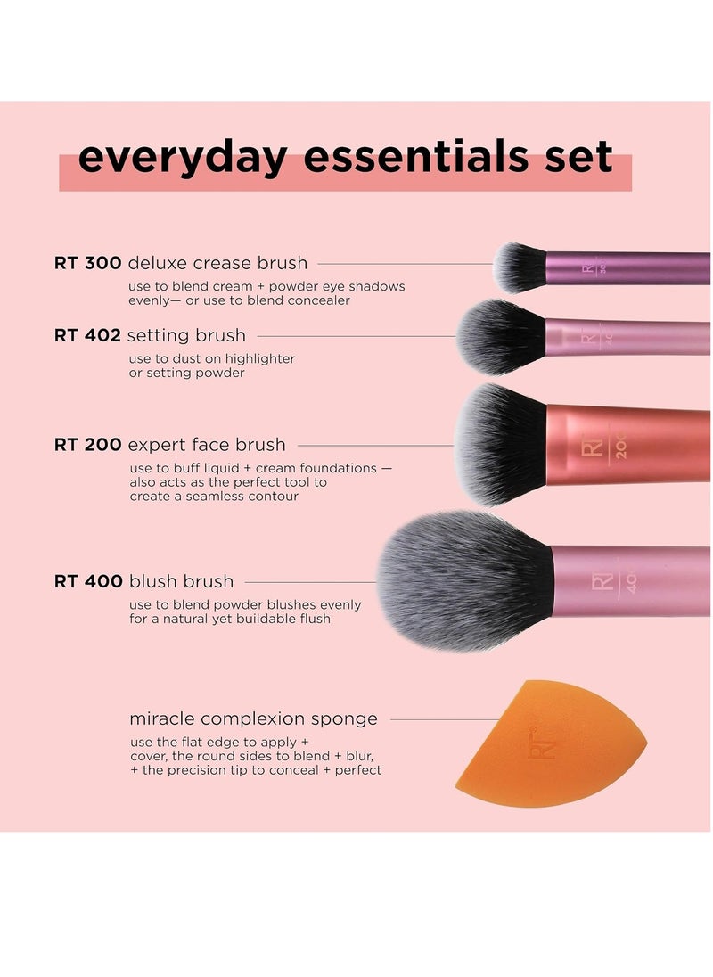 5 Piece Everyday Essentials Makeup Brush Set, 4 Brushes & Makeup Sponge, For Foundation, Blush, Contour, Eyeshadow, & Powder, Travel Gift Set, Stocking Stuffer, Cruelty-Free & Vegan