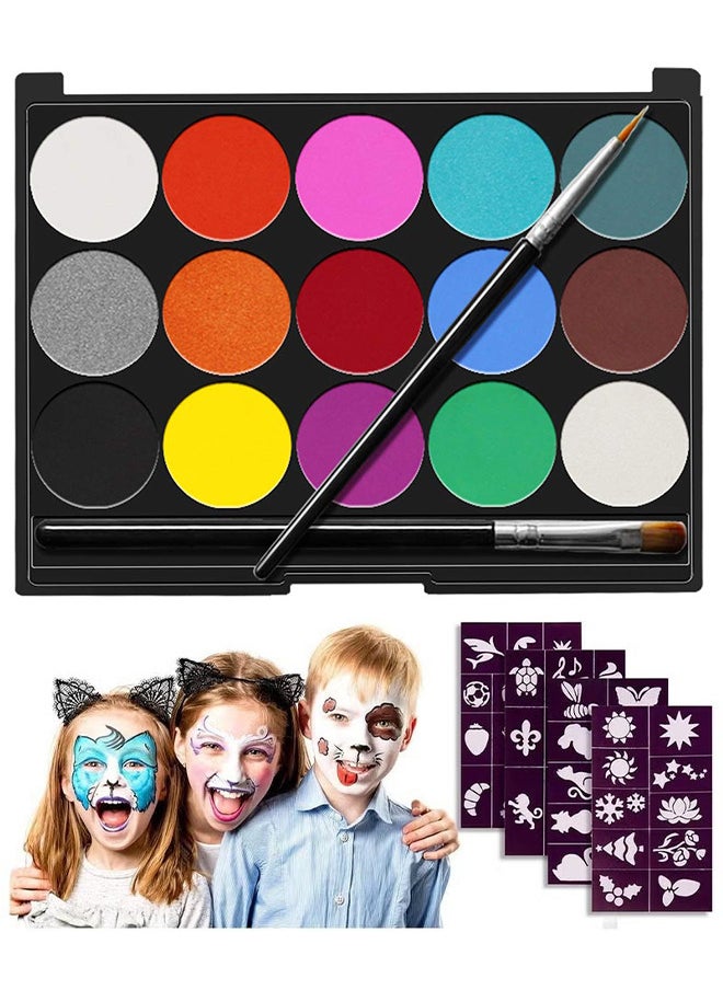 Face And Body Painting Kit For Kids, Professional Nontoxic Face Paint 15 Colors Kit With 2 Brushes, Body Makeup Paint Hypoallergenic Water Based Paints For Party Cosplay