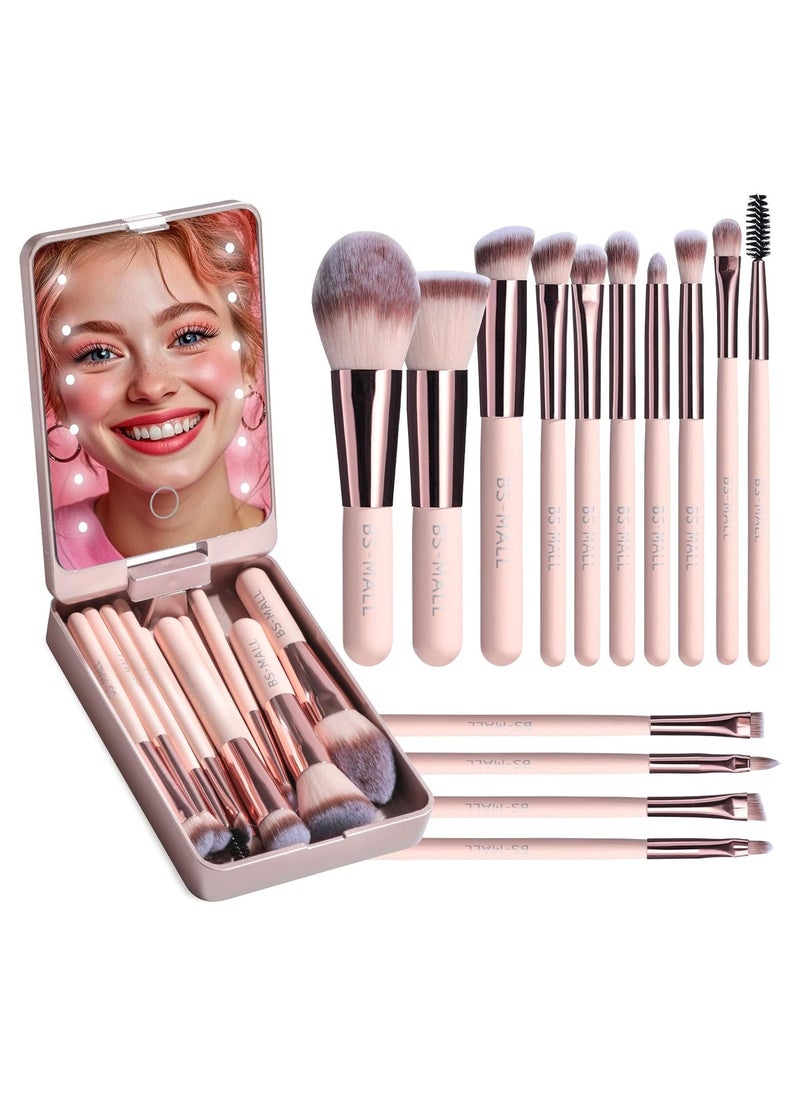 BS-MALL Travel Makeup Brush Set Foundation Powder Concealers Eye Shadows Makeup Set with LED Light Mirror 14 Pcs Mini Makeup Brushes Pink