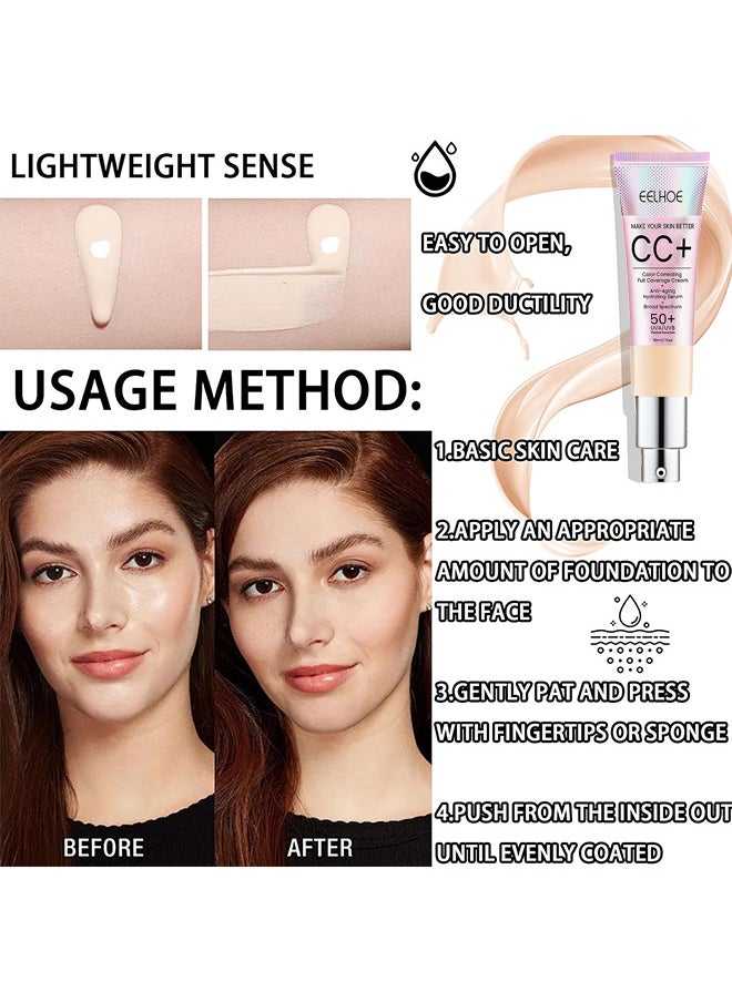 CC Color Correcting Full Coverage Cream SPF 50+, CC Cream Foundation, Lightweight Full Coverage Hydrating Serum, Control Oil And Moisturize Waterproof Long Lasting Matte Color Correcting Cream (LIGHT)