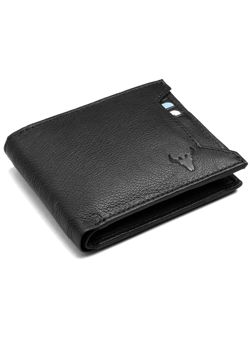 NAPA HIDE Black Leather Wallet for Men I 3 Card Slots I 2 Currency Compartments I 1 ID Window I 3 Secret Compartments I External Card Slot I 1 Coin Pocket