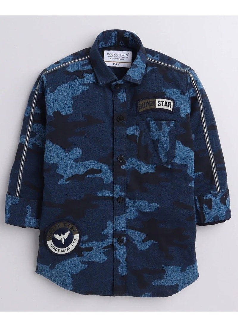 Polka Tots Full Sleeves Shirt Military Print Camouflage Patch - Blue