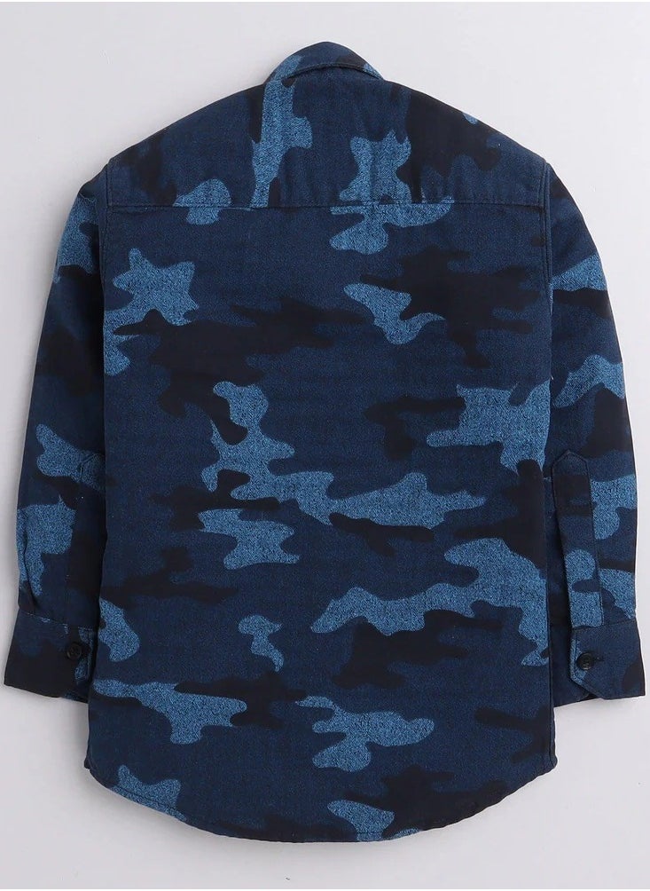 Polka Tots Full Sleeves Shirt Military Print Camouflage Patch - Blue