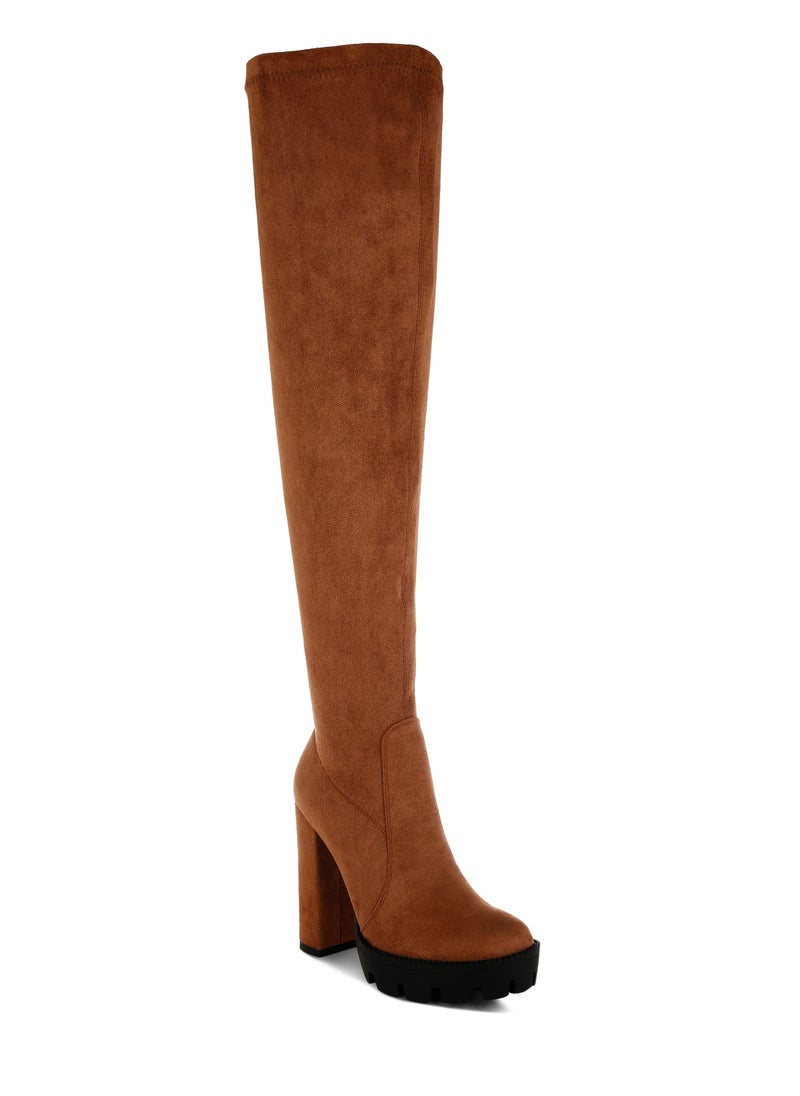 Tan High Block Heeled Faux Suede Long Boots