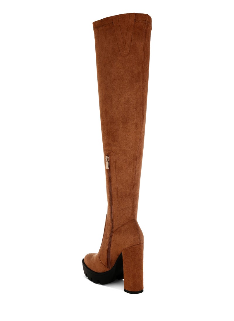 Tan High Block Heeled Faux Suede Long Boots