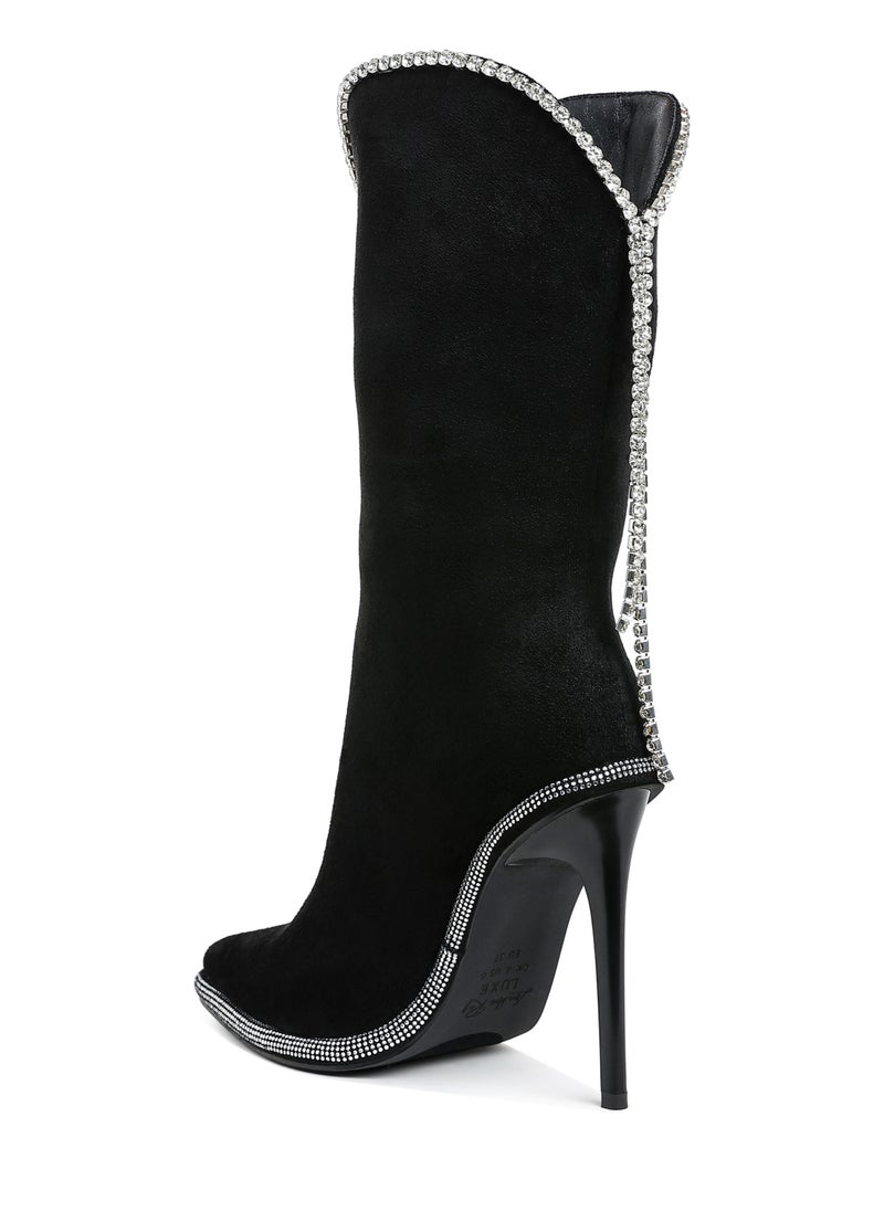 Diamante Chain Detail Calf Boots in Black