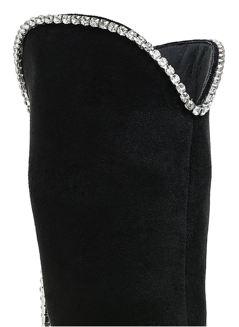 Diamante Chain Detail Calf Boots in Black