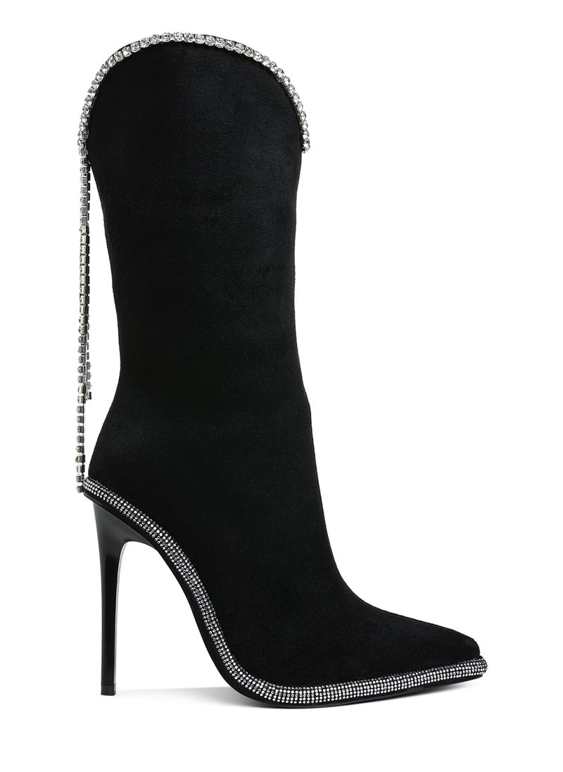 Diamante Chain Detail Calf Boots in Black