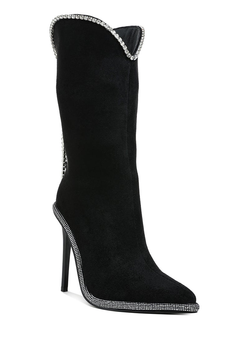 Diamante Chain Detail Calf Boots in Black