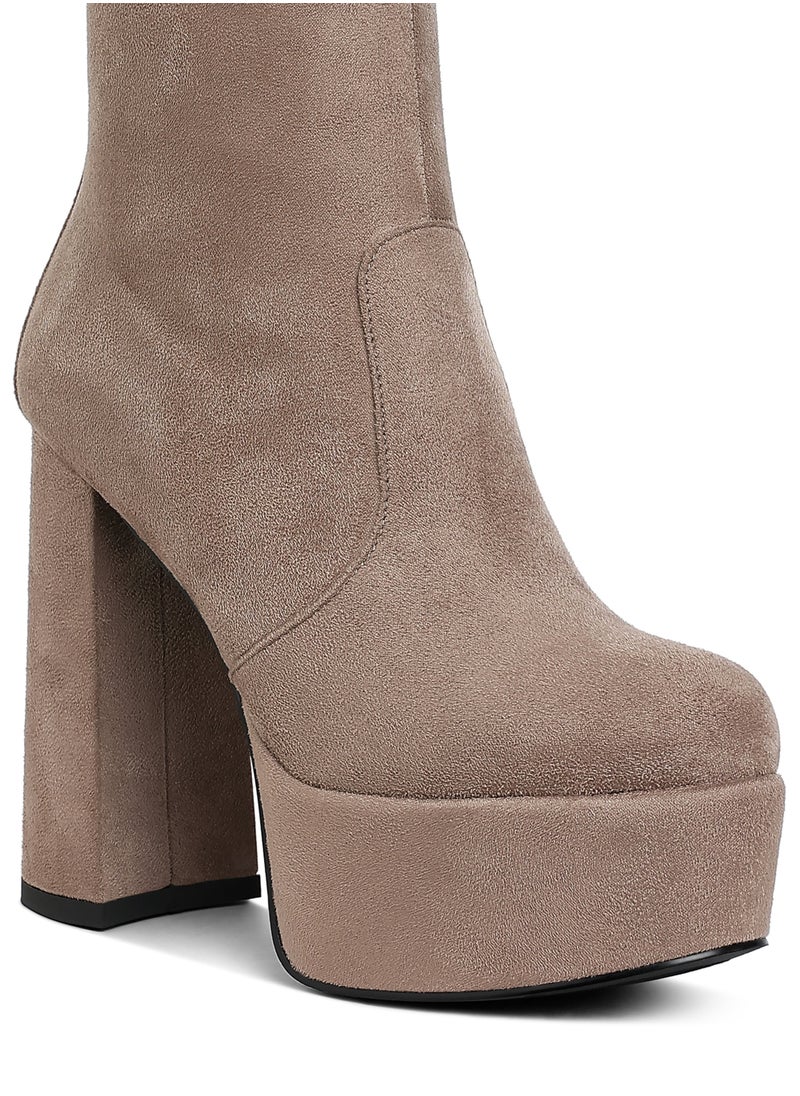 Flared Block Heel Mid-Calf Boots in Taupe