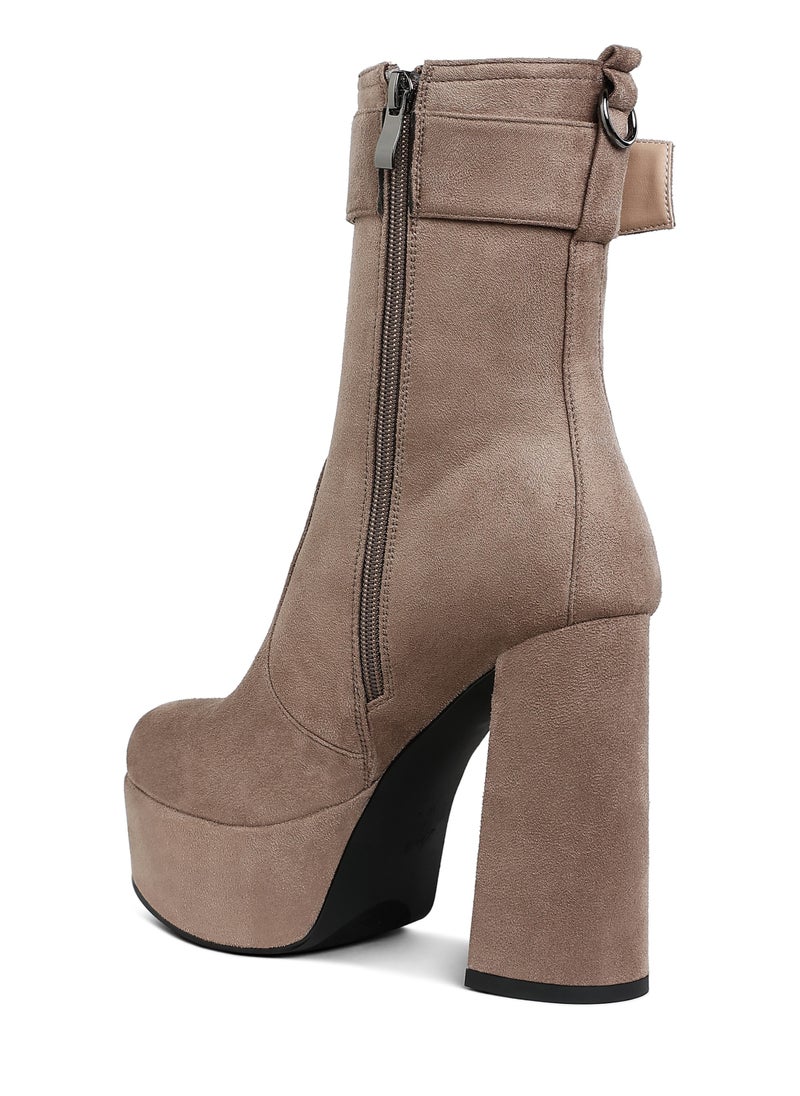 Flared Block Heel Mid-Calf Boots in Taupe