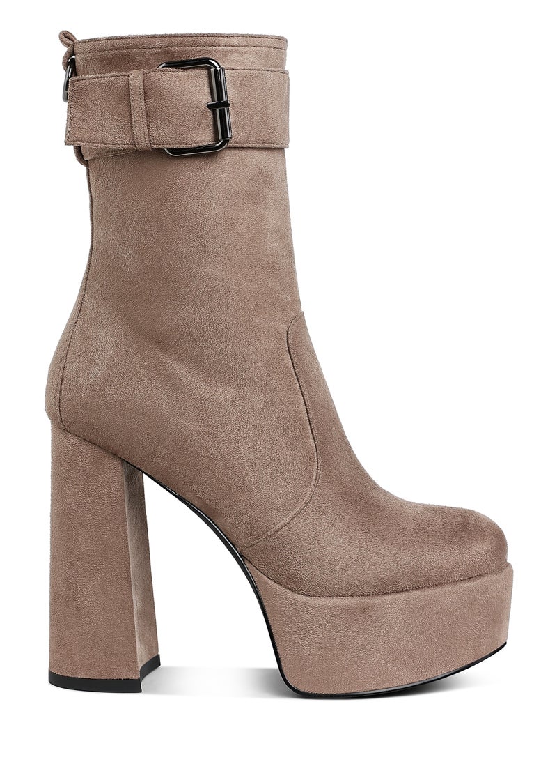 Flared Block Heel Mid-Calf Boots in Taupe