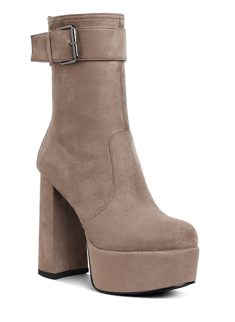 Flared Block Heel Mid-Calf Boots in Taupe