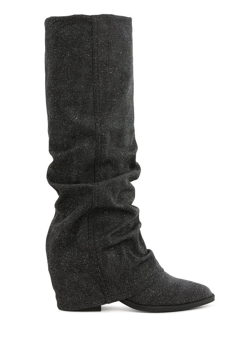 Fold-Over Slouchy Denim Boot in Black