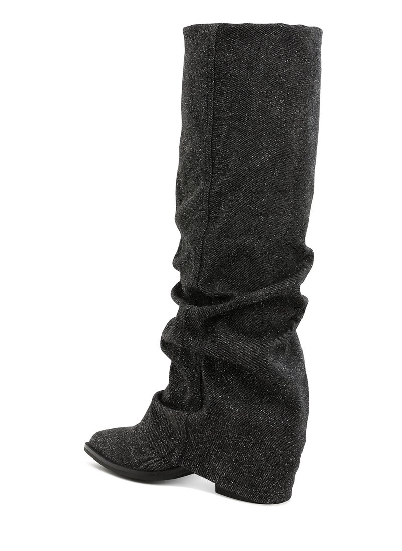 Fold-Over Slouchy Denim Boot in Black