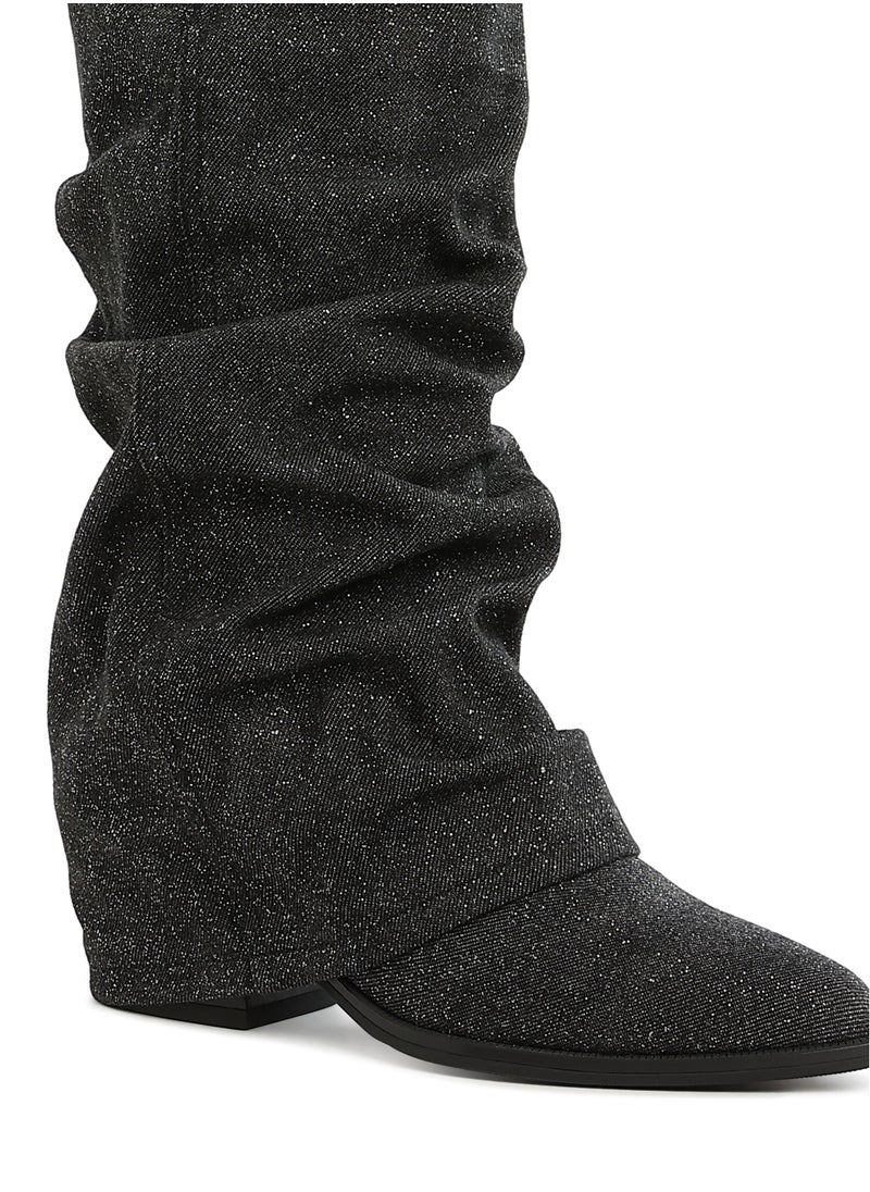 Fold-Over Slouchy Denim Boot in Black