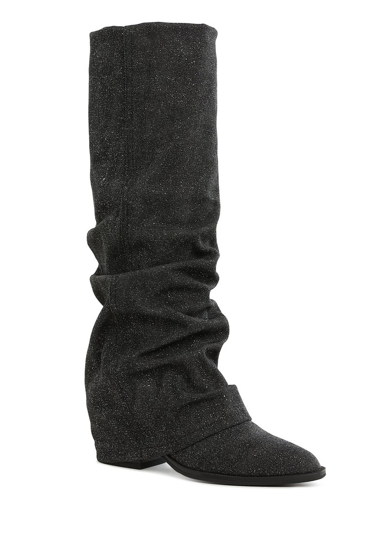 Fold-Over Slouchy Denim Boot in Black