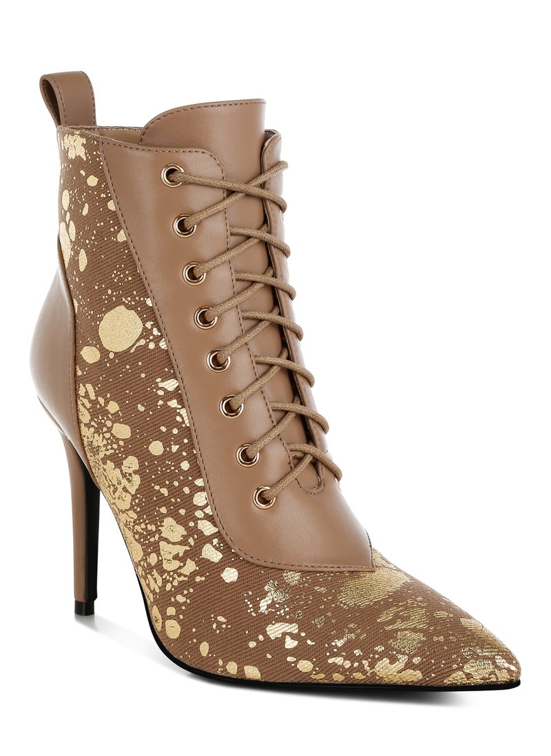 Abstract Pattern Lace-Up Ankle Boots in Brown