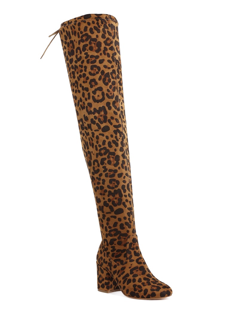 Minimal Drawstring Detail Knee-High Boots in Leopard