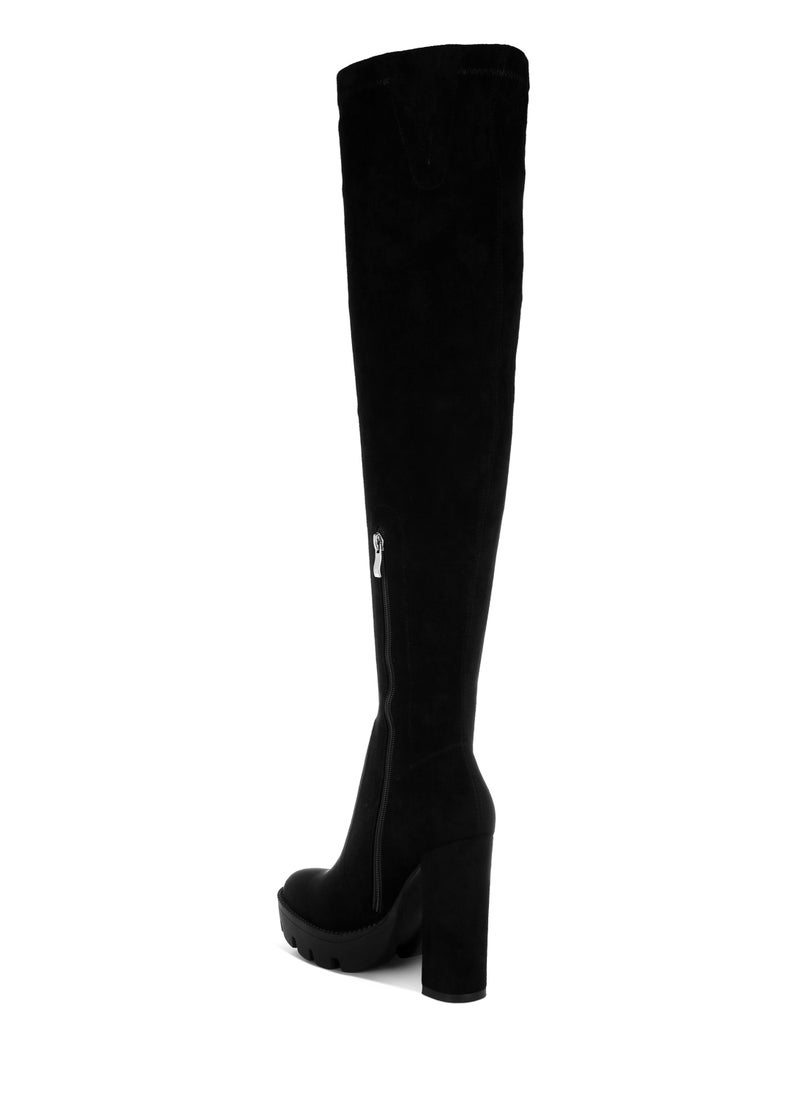 Black High Block Heeled Faux Suede Long Boots