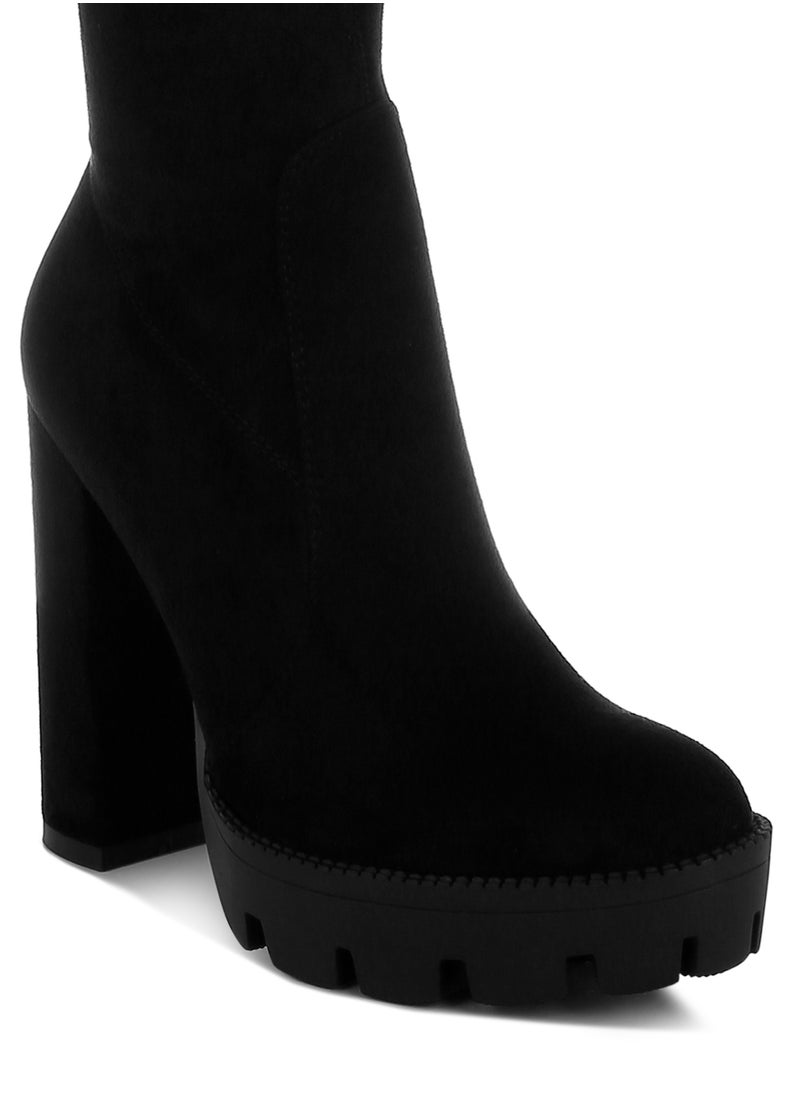 Black High Block Heeled Faux Suede Long Boots