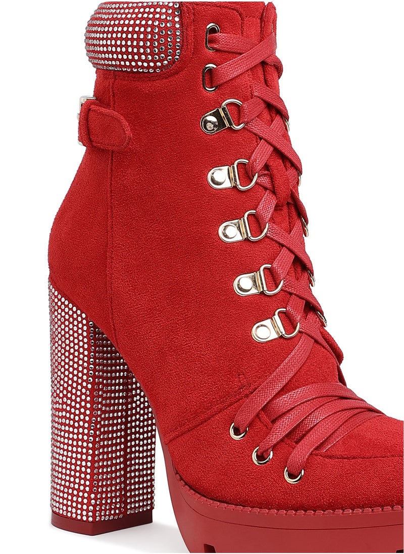 Red Diamante Set Block Heeled Ankle Boot