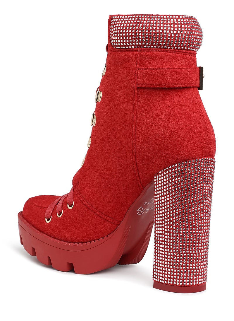 Red Diamante Set Block Heeled Ankle Boot