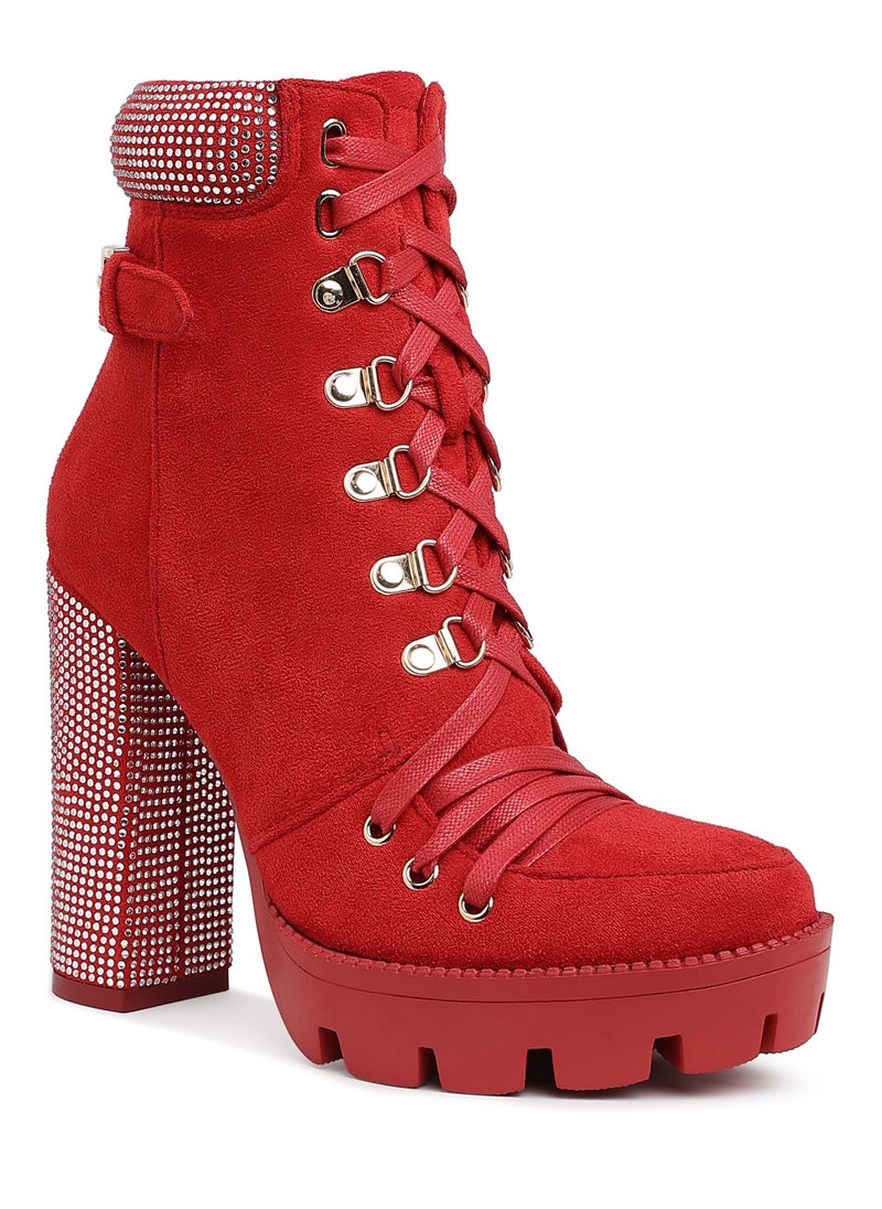 Red Diamante Set Block Heeled Ankle Boot