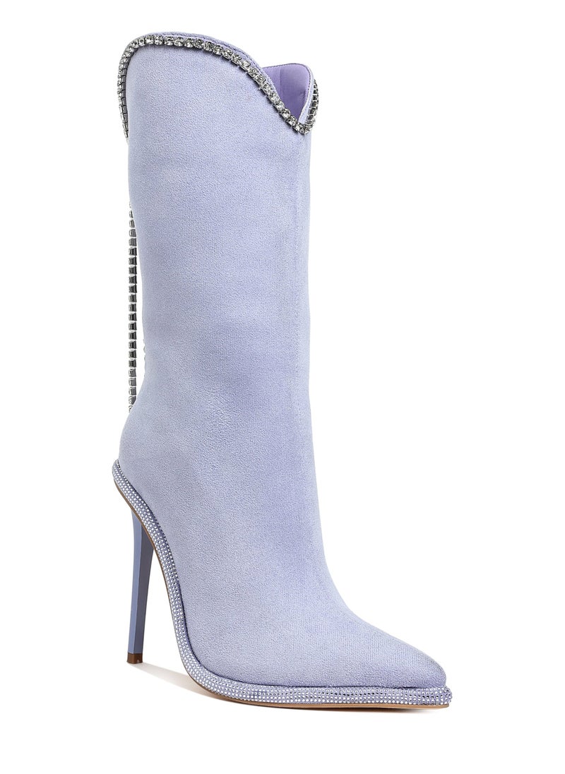 Diamante Chain Detail Calf Boots in Lilac