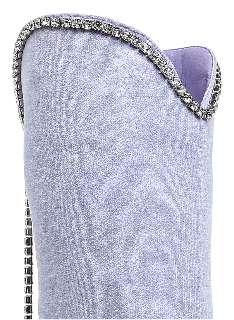 Diamante Chain Detail Calf Boots in Lilac