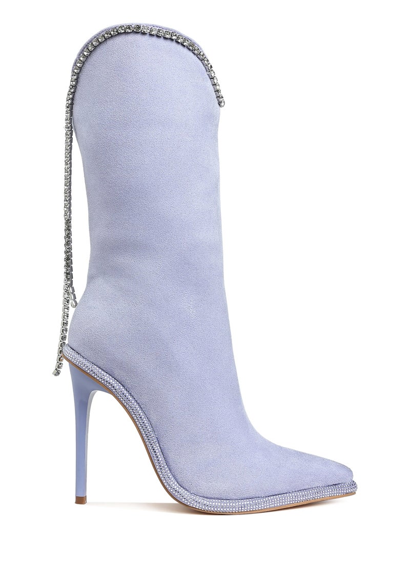 Diamante Chain Detail Calf Boots in Lilac