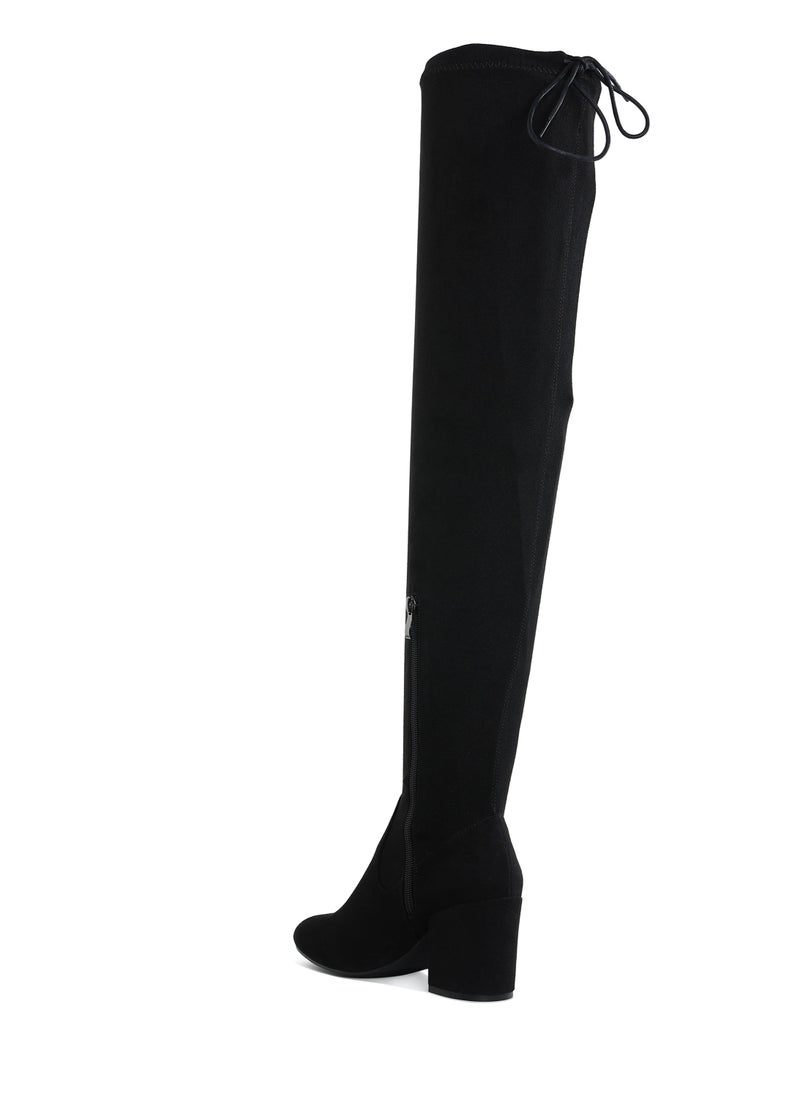 Minimal Drawstring Detail Knee-High Boots in Black