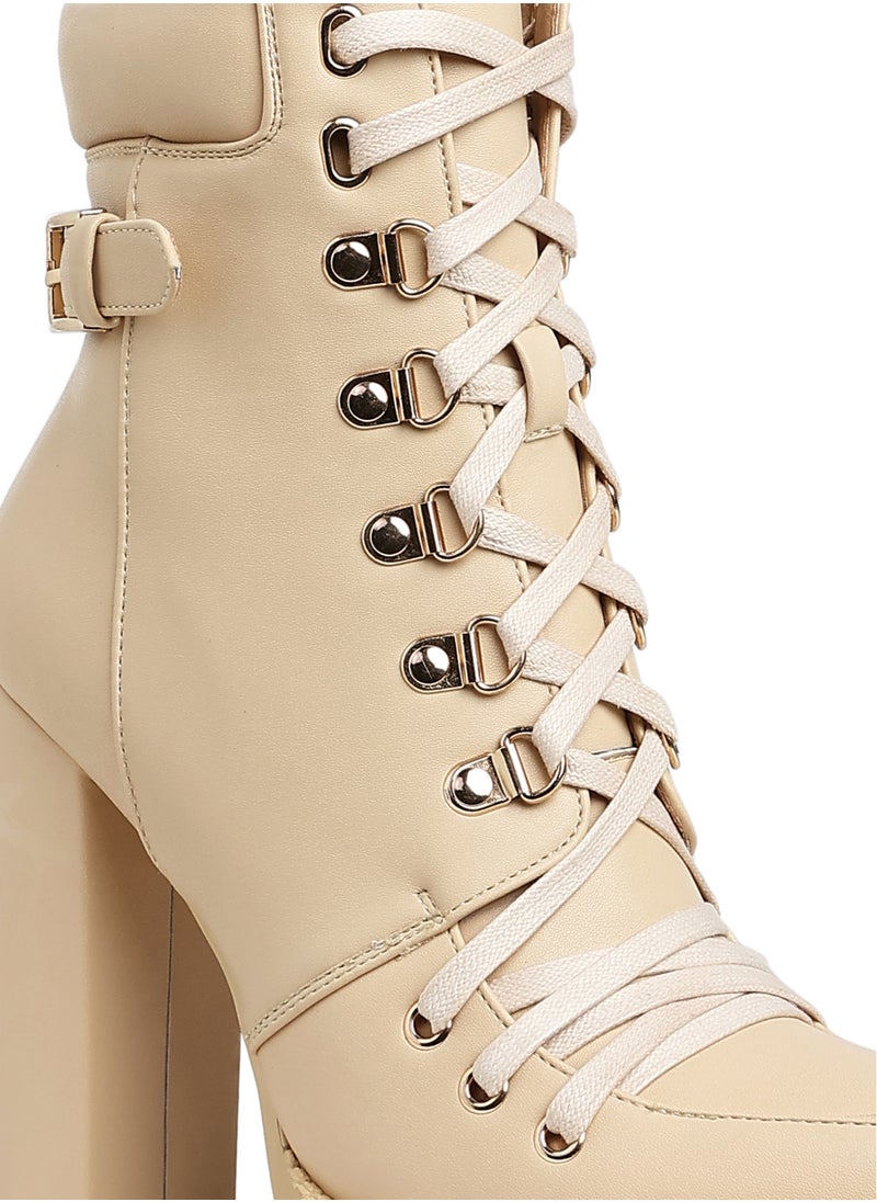 Lace up Combat Boots in Beige