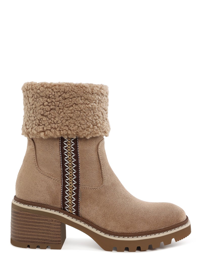 Faux Fur & Embroidery Detail Boots in Beige