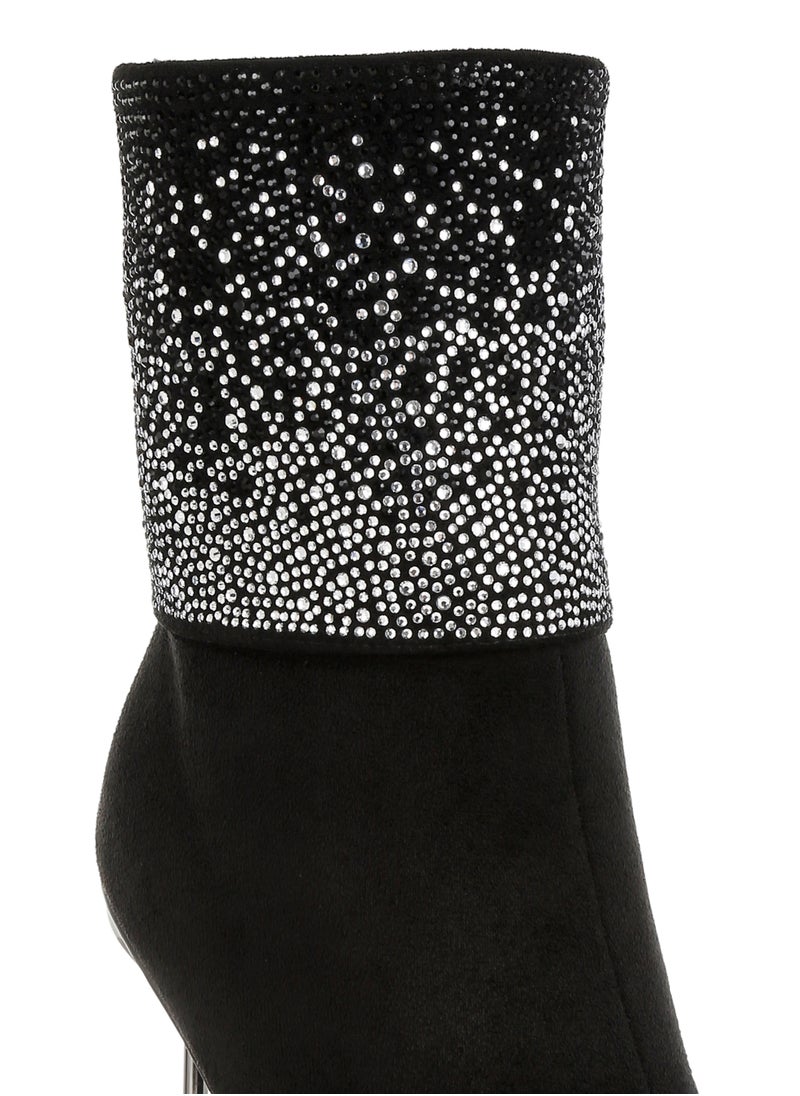 Rhinestones Embellished Fold Over Boots in Black